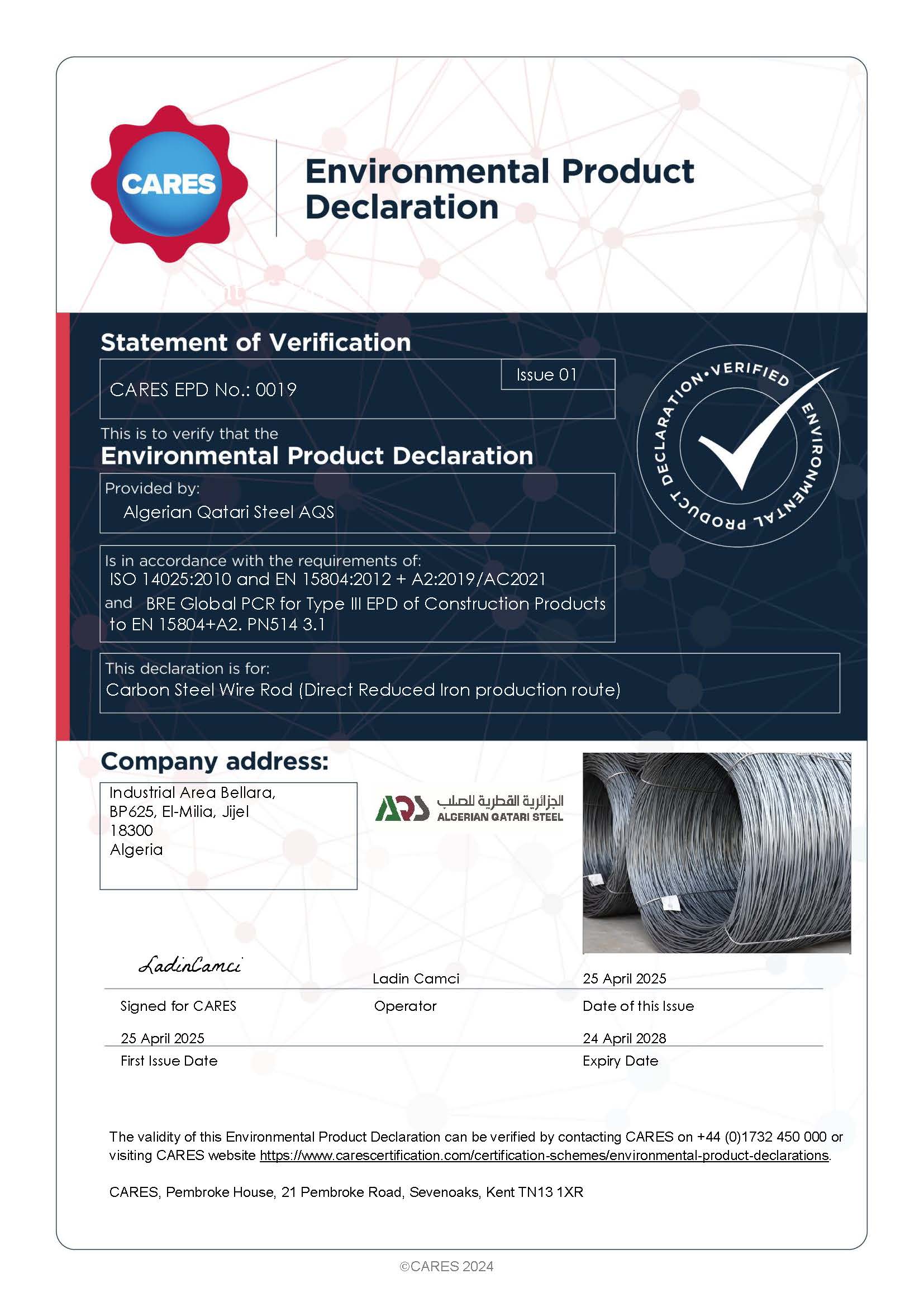 SPA Algerian Qatari Steel AQS (Site Closed) EPD